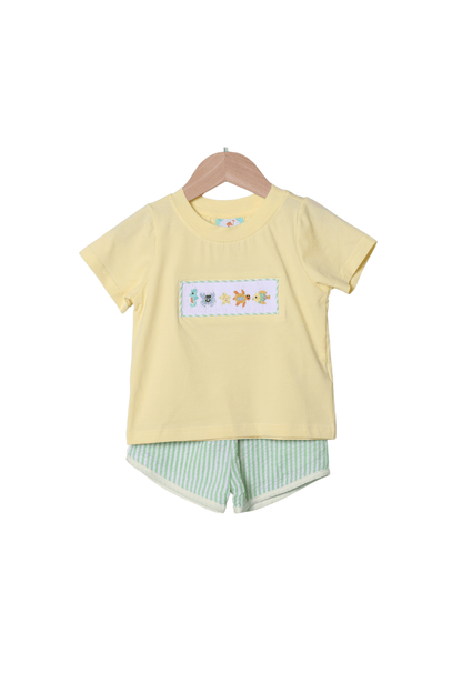 The Smocked Flamingo Apparel & Accessories Smocked Sea Creatures Green Seersucker Short Set