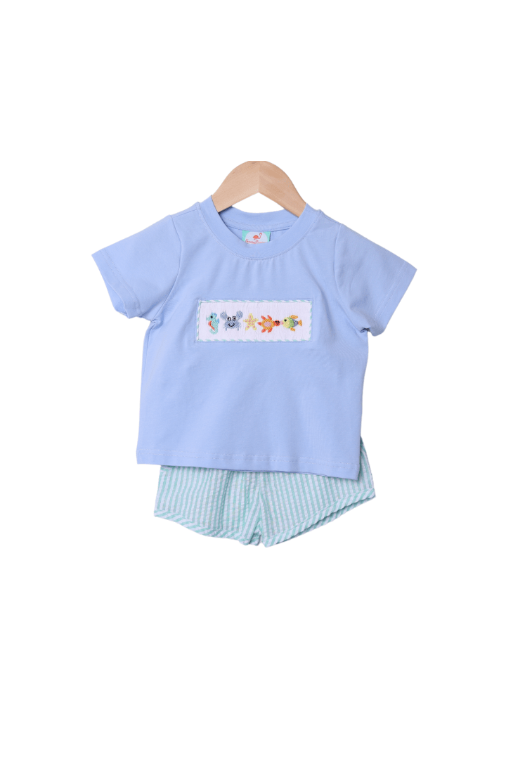 The Smocked Flamingo Apparel & Accessories Smocked Sea Creatures Seersucker Short Set