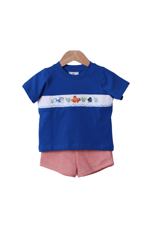 The Smocked Flamingo Apparel & Accessories Smocked Sea Friends Blue Gingham Short Set