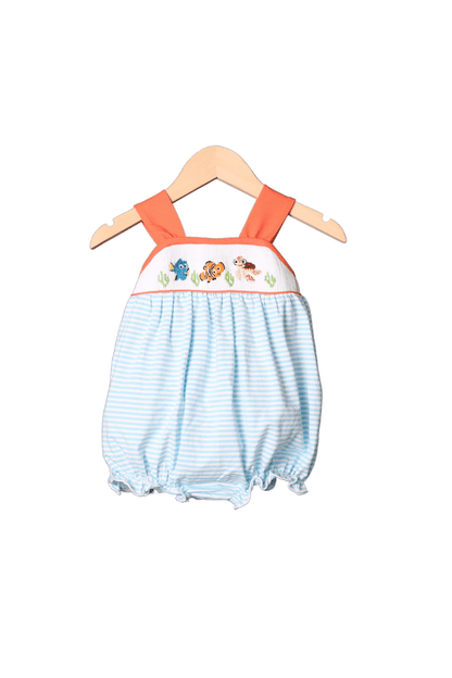 The Smocked Flamingo Apparel & Accessories Smocked Sea Friends Blue Stripe/Coral Bow Bubble