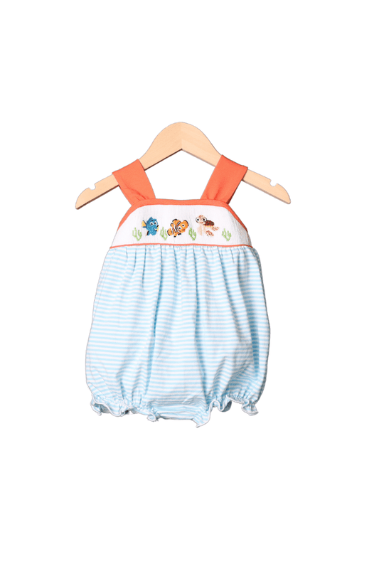 The Smocked Flamingo Apparel & Accessories Smocked Sea Friends Blue Stripe/Coral Bow Bubble