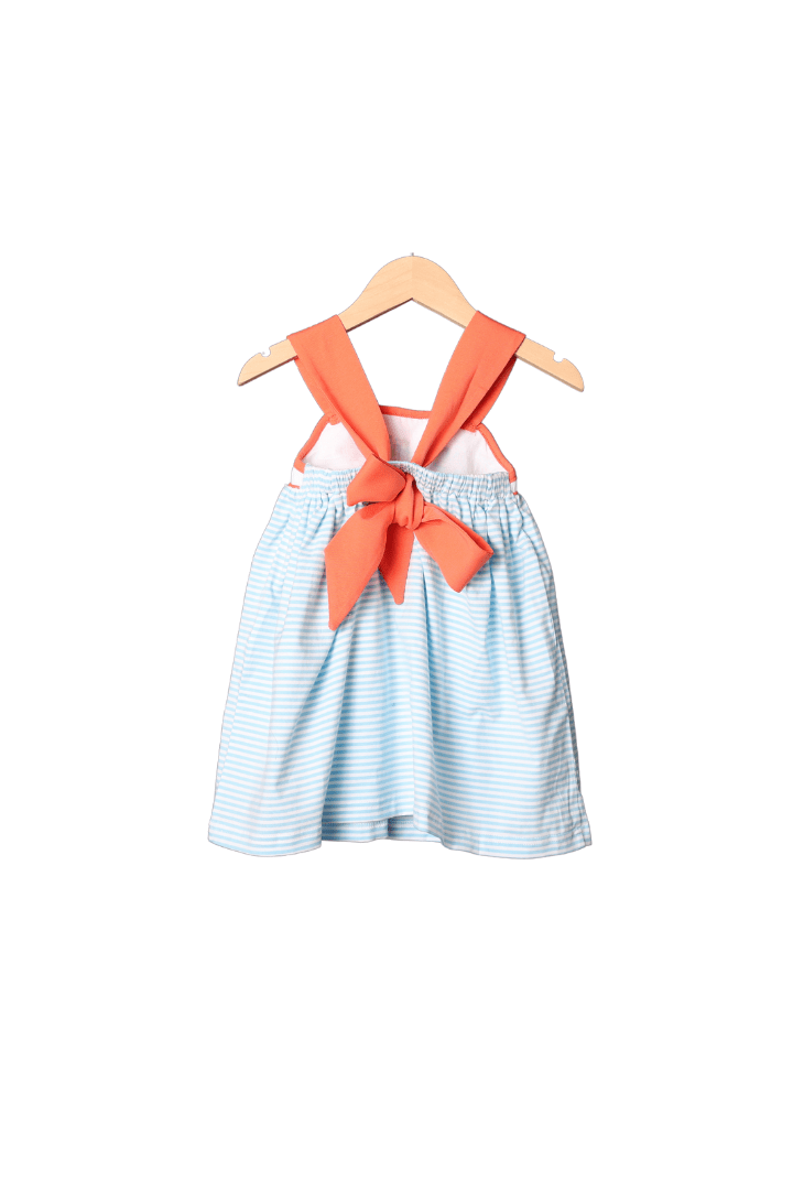 Smocked Sea Friends Blue Stripe/Coral Bow Dress The Smocked Flamingo Smocked Sea Friends Blue Stripe/Coral Bow Dress The Smocked Flamingo
