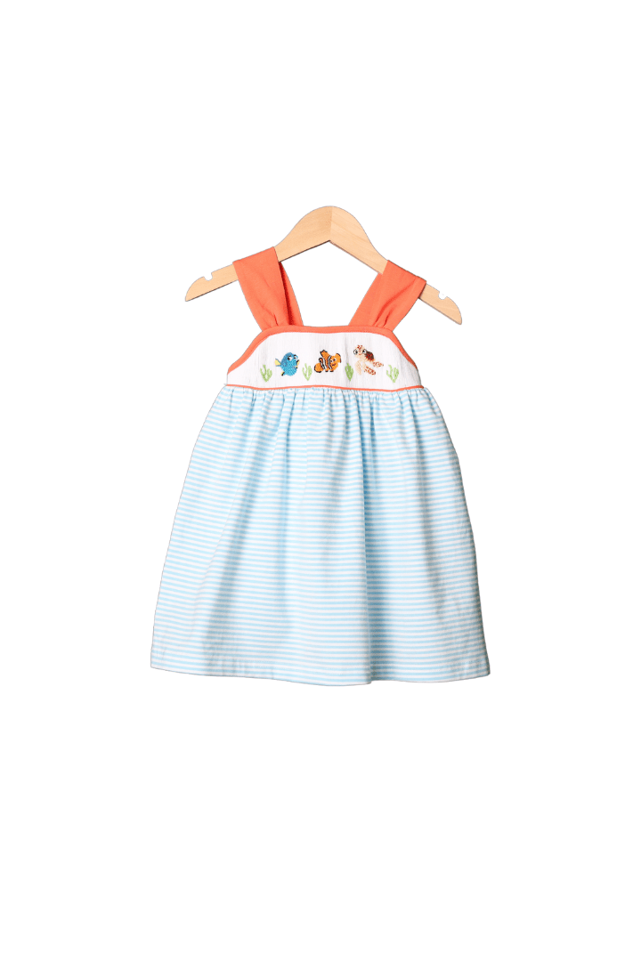 The Smocked Flamingo Apparel & Accessories Smocked Sea Friends Blue Stripe/Coral Bow Dress