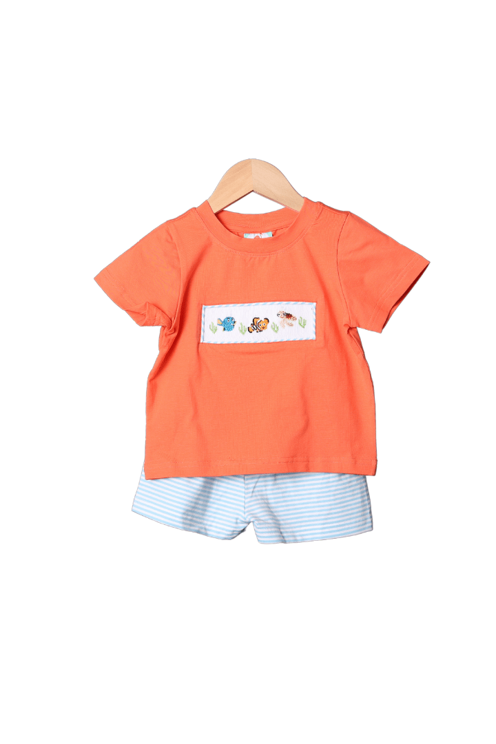 The Smocked Flamingo Apparel & Accessories Smocked Sea Friends Blue Stripe/Coral Short Set