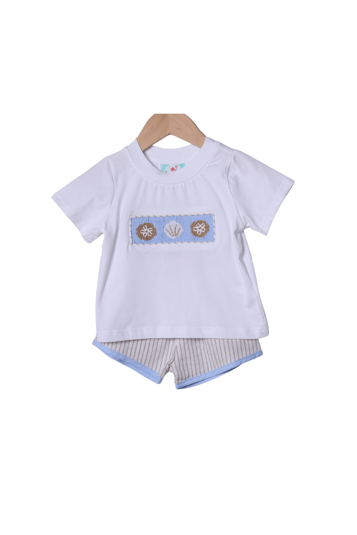 The Smocked Flamingo Apparel & Accessories Smocked Sea Shells Blue/Khaki Stripe Short Set