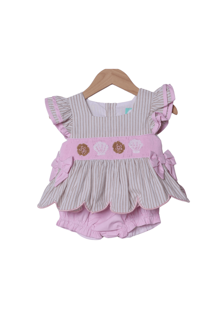 The Smocked Flamingo Apparel & Accessories Smocked Sea Shells Pink/Khaki Stripe Bloomer Set