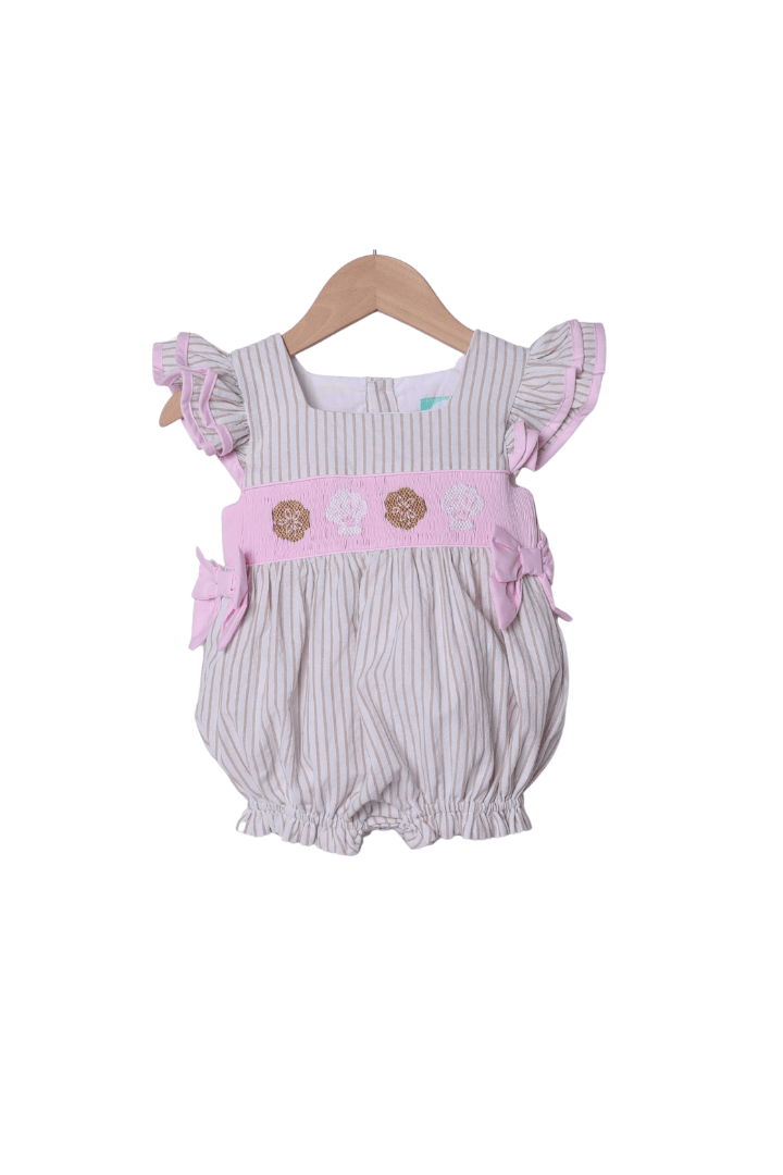 The Smocked Flamingo Apparel & Accessories Smocked Sea Shells Pink/Khaki Stripe Bubble