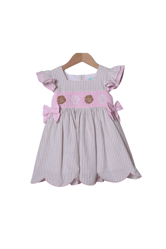 The Smocked Flamingo Apparel & Accessories Smocked Sea Shells Pink/Khaki Stripe Dress