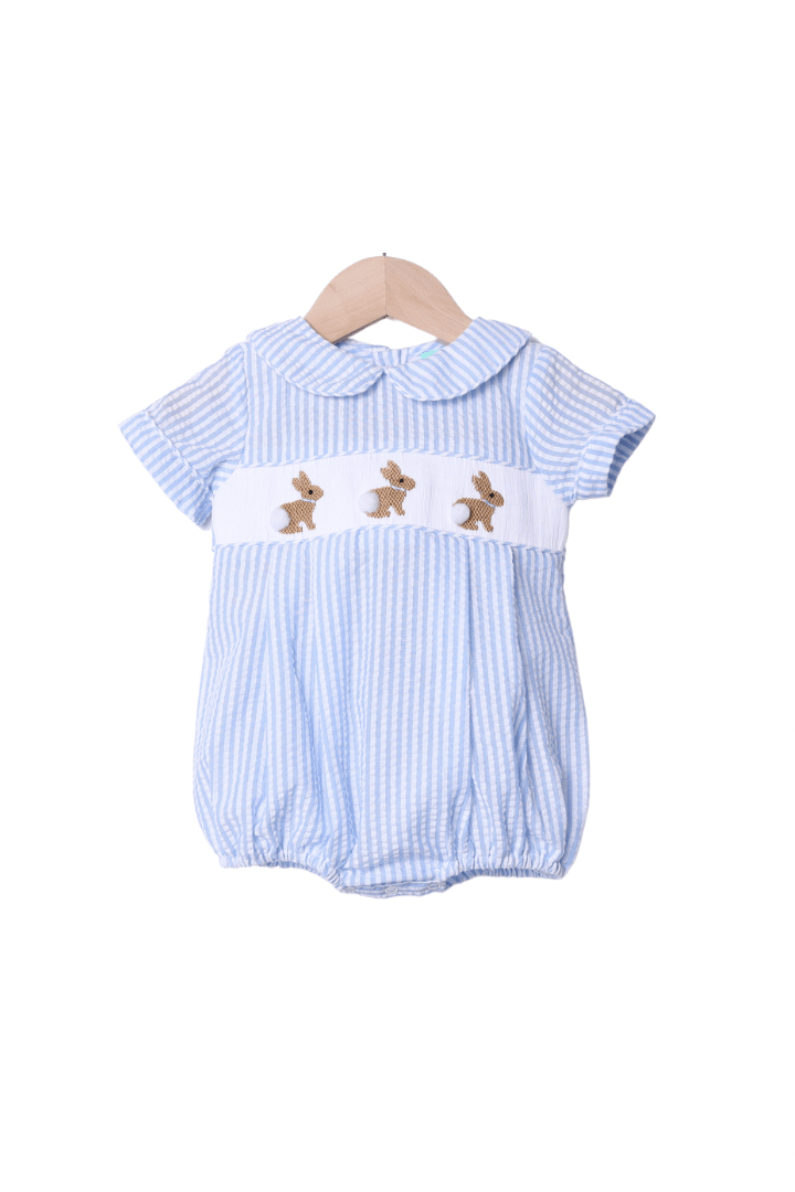 Blue seersucker flag smocked ruffle bubble