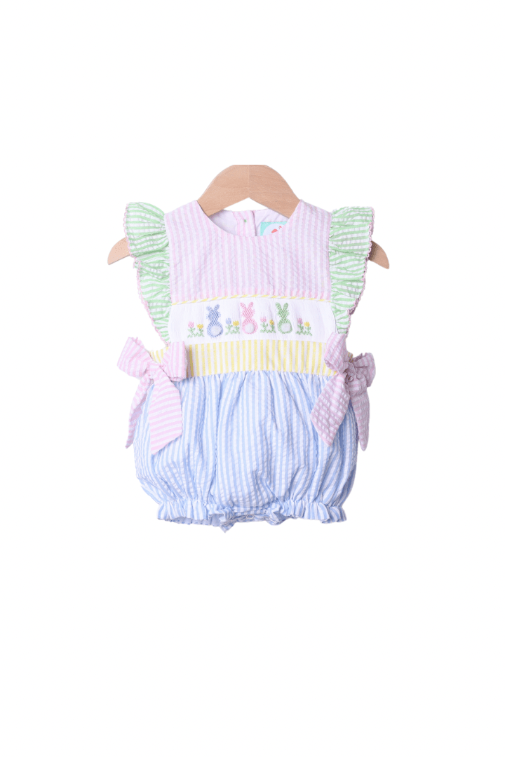 The Smocked Flamingo Apparel & Accessories Smocked Seersucker Color Block Bunny Bow Bubble