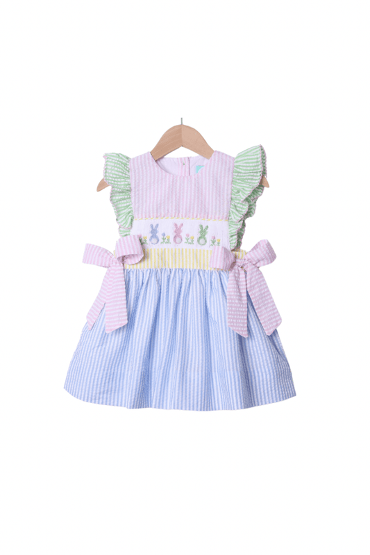 The Smocked Flamingo Apparel & Accessories Smocked Seersucker Color Block Bunny Bow Dress