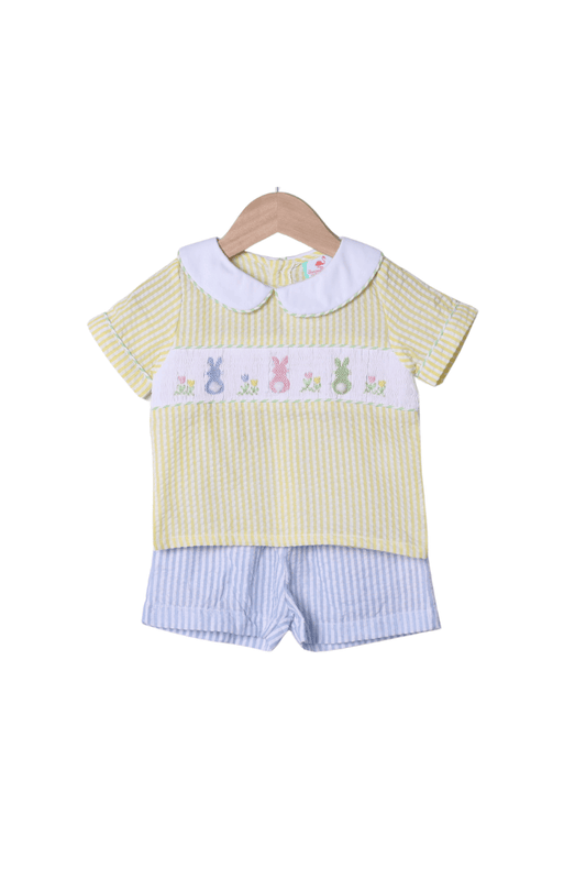 The Smocked Flamingo Apparel & Accessories Smocked Seersucker Color Block Bunny Short Set
