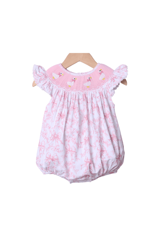 The Smocked Flamingo Apparel & Accessories Smocked Silly Goose Pink Bow Toile Bubble