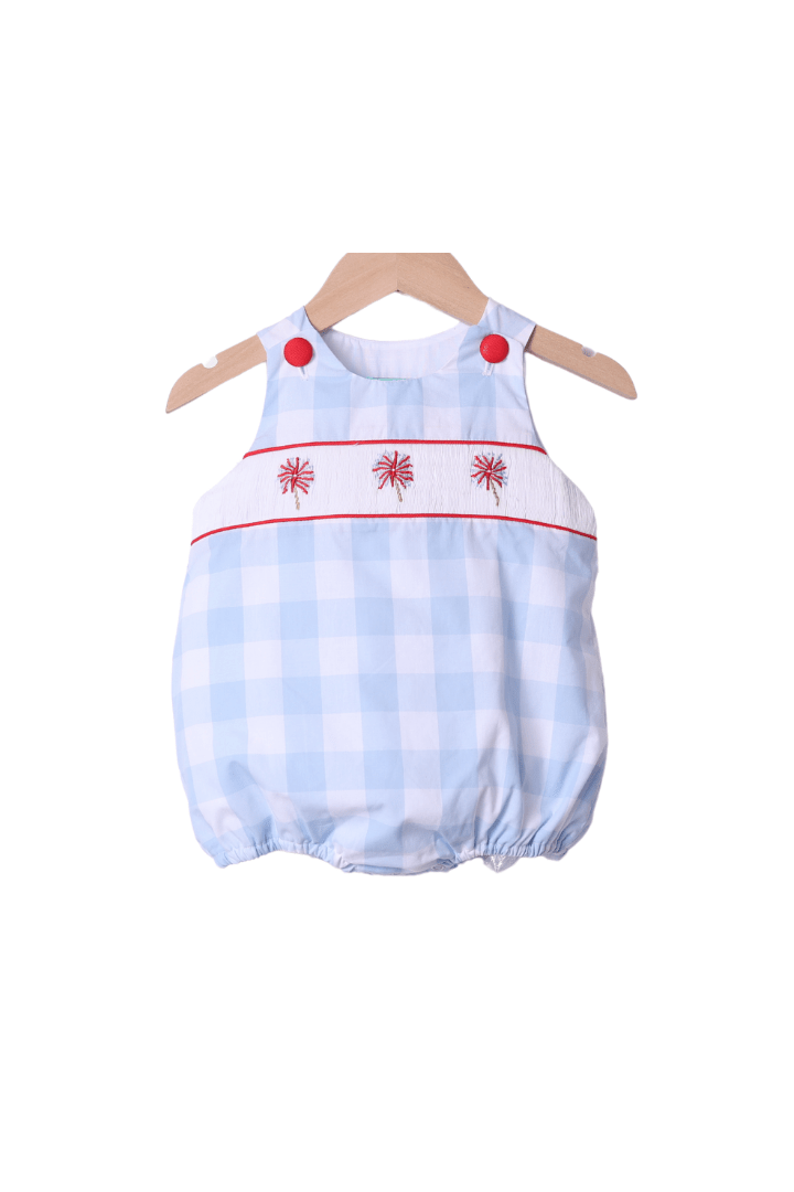 Blue Gingham Boys Bubble With Smocked Puppies