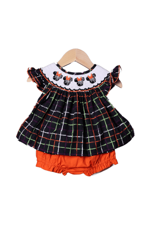 The Smocked Flamingo Apparel & Accessories Smocked Spider Mouse Plaid Bloomer Set