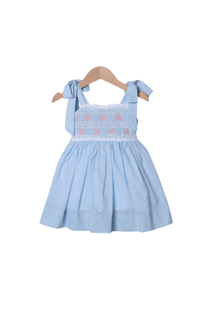 The Smocked Flamingo Apparel & Accessories Smocked Starfish Blue Swiss Dot Dress