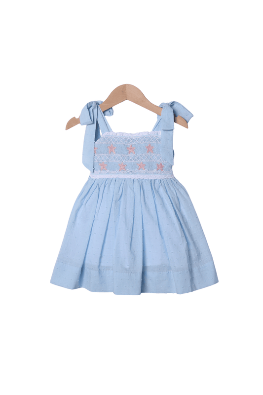 The Smocked Flamingo Apparel & Accessories Smocked Starfish Blue Swiss Dot Dress