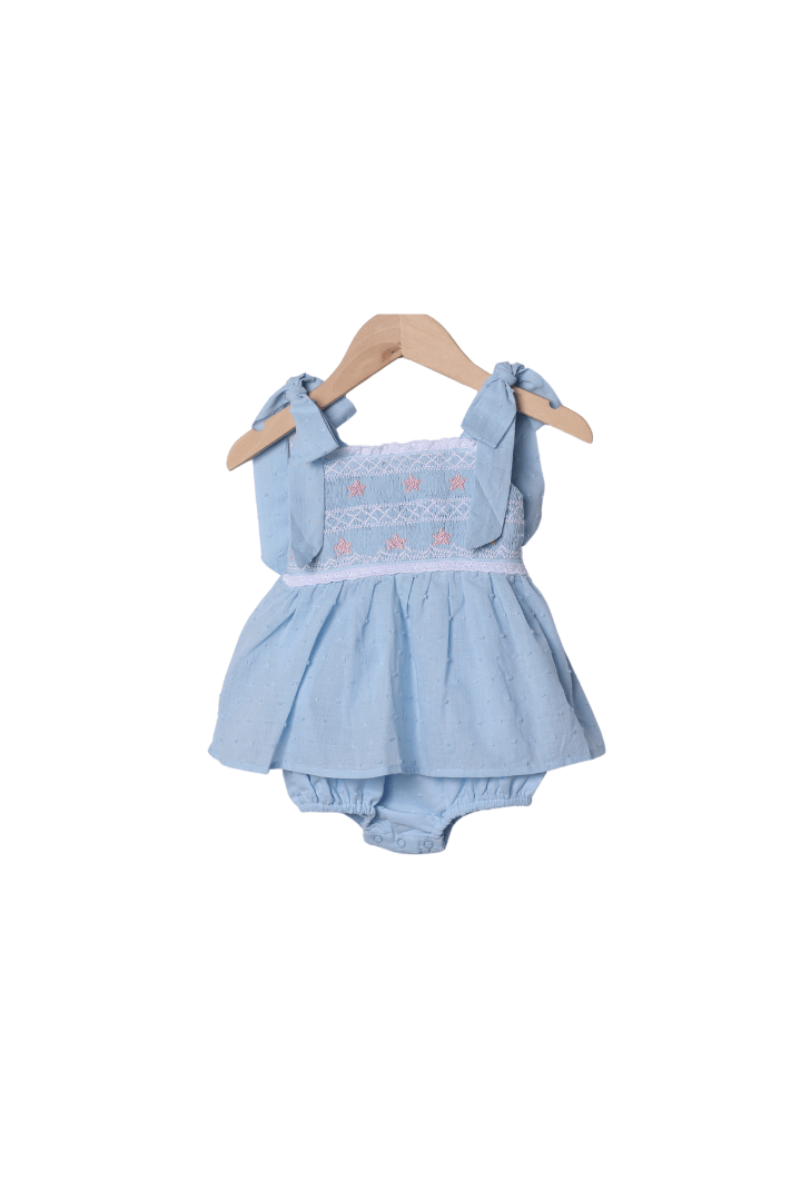 The Smocked Flamingo Apparel & Accessories Smocked Starfish Blue Swiss Dot Skirted Bubble