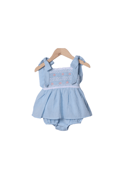 The Smocked Flamingo Apparel & Accessories Smocked Starfish Blue Swiss Dot Skirted Bubble