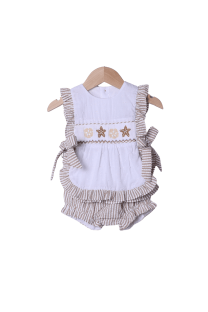 The Smocked Flamingo Apparel & Accessories Smocked Starfish White Swiss Dot/Khaki Seersucker Apron Set