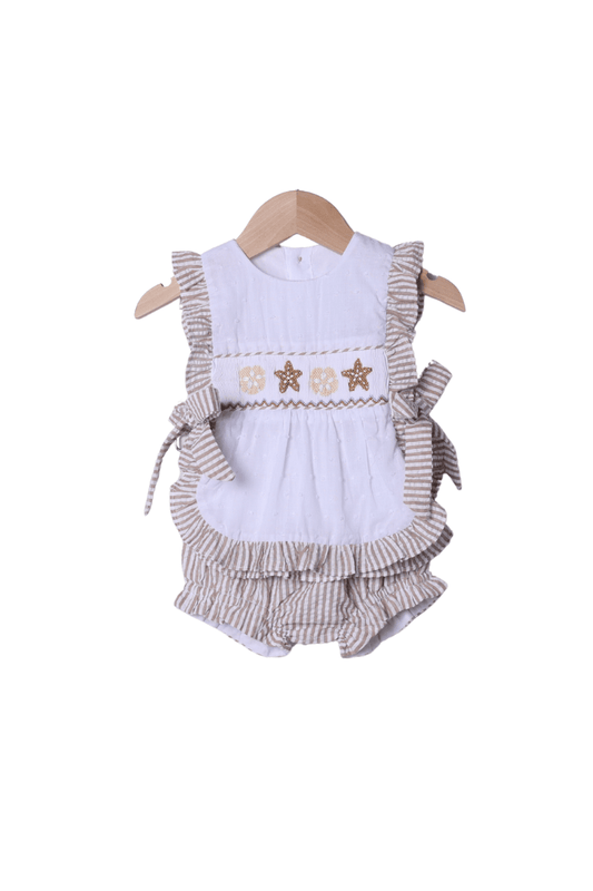 The Smocked Flamingo Apparel & Accessories Smocked Starfish White Swiss Dot/Khaki Seersucker Apron Set