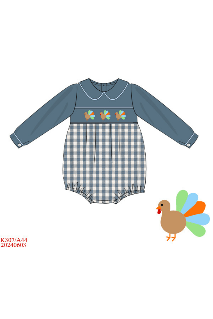 The Smocked Flamingo Apparel & Accessories Smocked Stone Gingham Linen Turkey Bubble