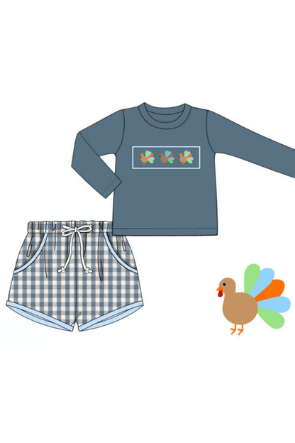 The Smocked Flamingo Apparel & Accessories Smocked Stone Gingham Linen Turkey Short Set