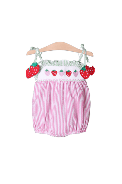 The Smocked Flamingo Apparel & Accessories Smocked Strawberry Pink/Green Seersucker Bubble