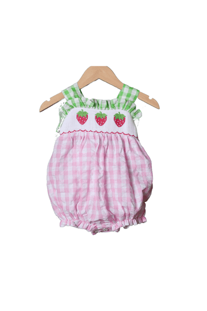 The Smocked Flamingo Apparel & Accessories Smocked Strawberry Seersucker Bow Bubble