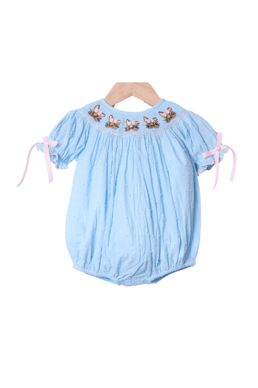 The Smocked Flamingo Apparel & Accessories Smocked Sweet Bunny Blue Swiss Dot Bubble