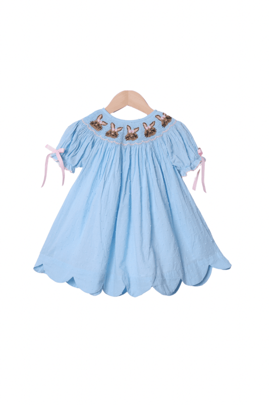 The Smocked Flamingo Apparel & Accessories Smocked Sweet Bunny Blue Swiss Dot Dress