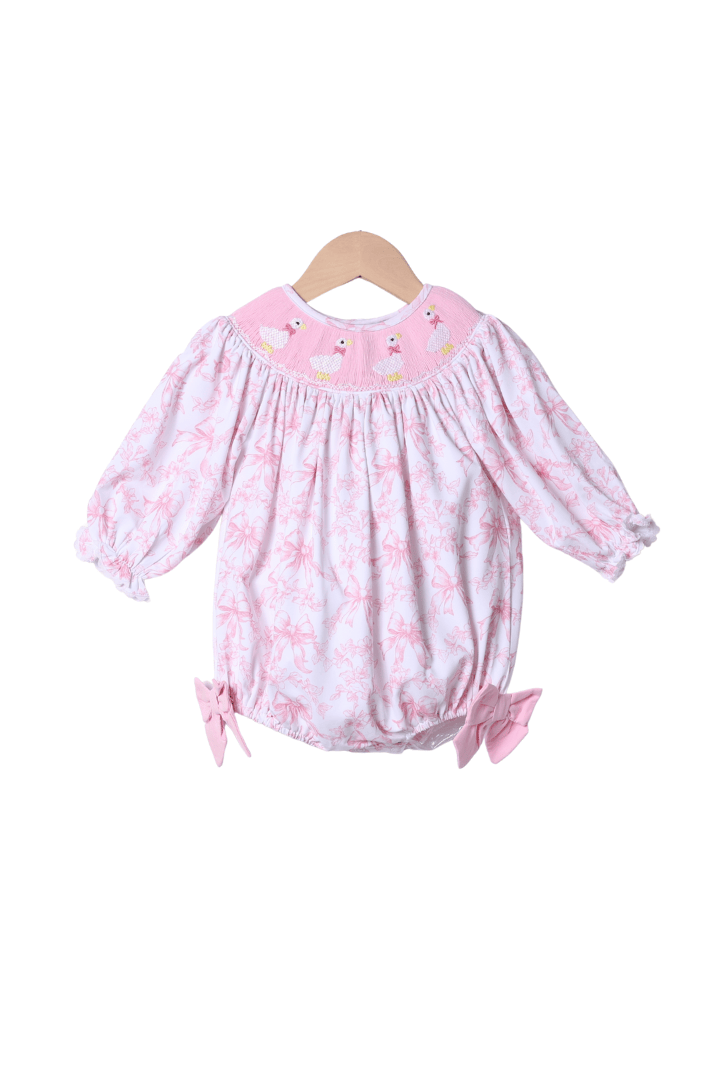 The Smocked Flamingo Apparel & Accessories Smocked Sweet Goose Pink Bow Long Sleeve Bishop Bubble