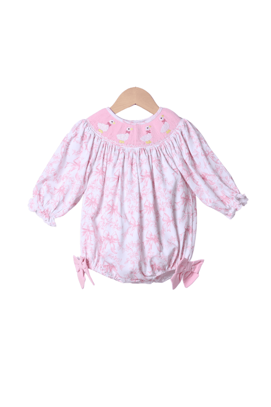The Smocked Flamingo Apparel & Accessories Smocked Sweet Goose Pink Bow Long Sleeve Bishop Bubble