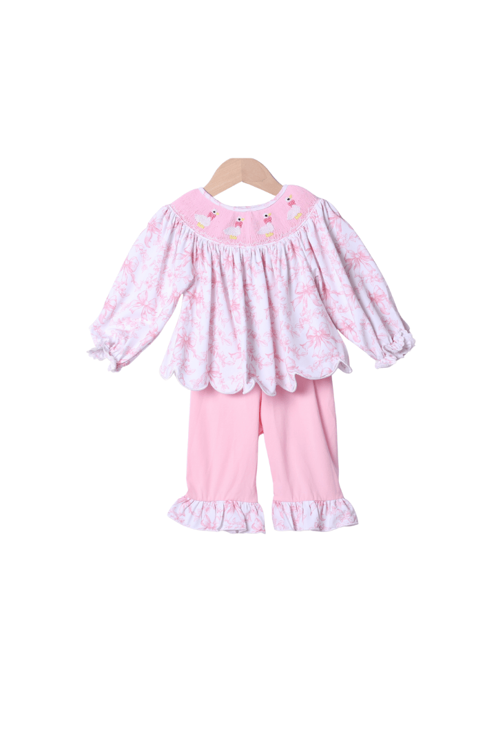 The Smocked Flamingo Apparel & Accessories Smocked Sweet Goose Pink Bow Pant Set