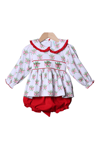 The Smocked Flamingo Apparel & Accessories Smocked Sweet Holly Bow Bloomer Set