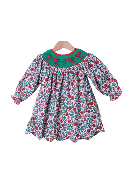 The Smocked Flamingo Apparel & Accessories Smocked Sweet Holly Bow Scalloped Dress
