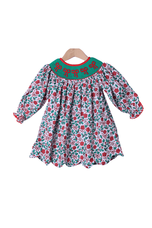 The Smocked Flamingo Apparel & Accessories Smocked Sweet Holly Bow Scalloped Dress