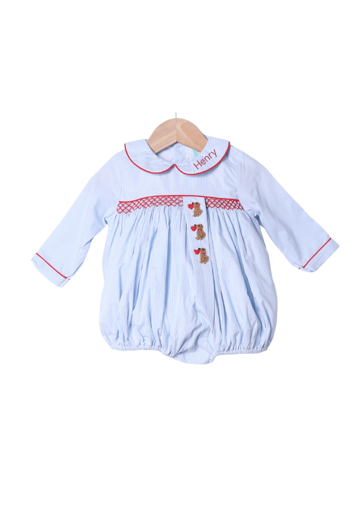 The Smocked Flamingo Apparel & Accessories Smocked Sweet Puppy Love Blue Gingham Bubble