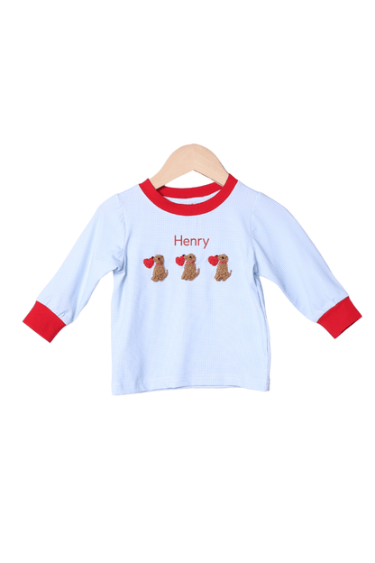 The Smocked Flamingo Apparel & Accessories Smocked Sweet Puppy Love Blue Gingham Shirt