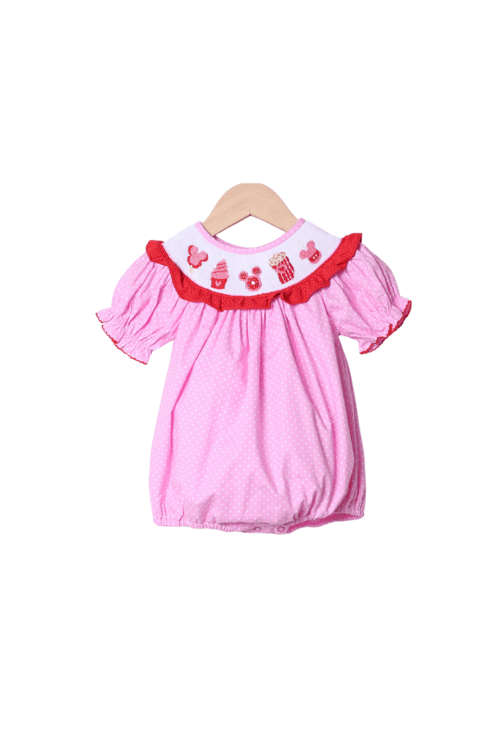 The Smocked Flamingo Apparel & Accessories Smocked Sweet Treats Mouse Pink Polka Dot Bishop Bubble