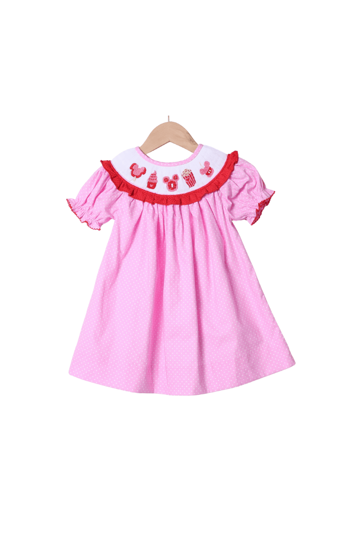 The Smocked Flamingo Apparel & Accessories Smocked Sweet Treats Mouse Pink Polka Dot Bishop Dress