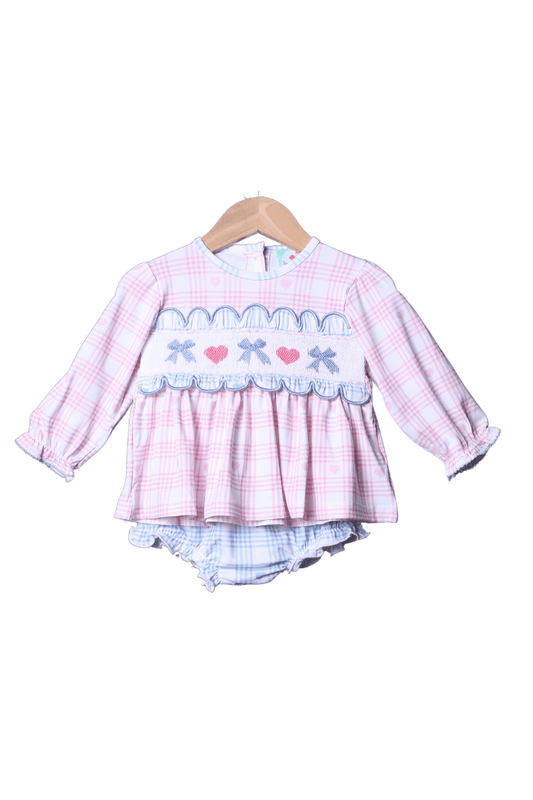 The Smocked Flamingo Apparel & Accessories Smocked Sweetheart Bow Pink and Blue Gingham Bloomer Set