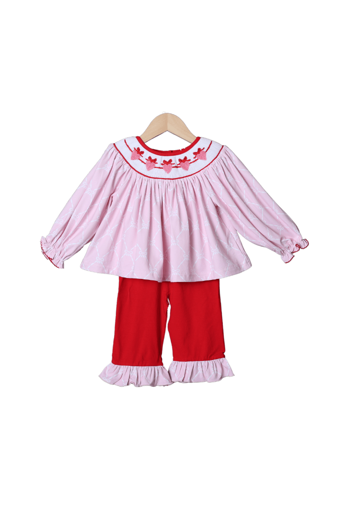 The Smocked Flamingo Apparel & Accessories Smocked Sweetheart Bow Pink Knit Pant Set