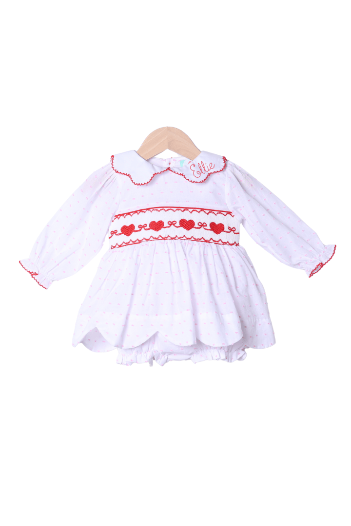 The Smocked Flamingo Apparel & Accessories Smocked Sweetheart Bow Pink Swiss Dot Skirted Bubble