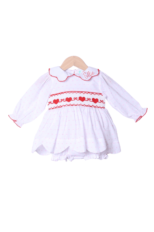 The Smocked Flamingo Apparel & Accessories Smocked Sweetheart Bow Pink Swiss Dot Skirted Bubble