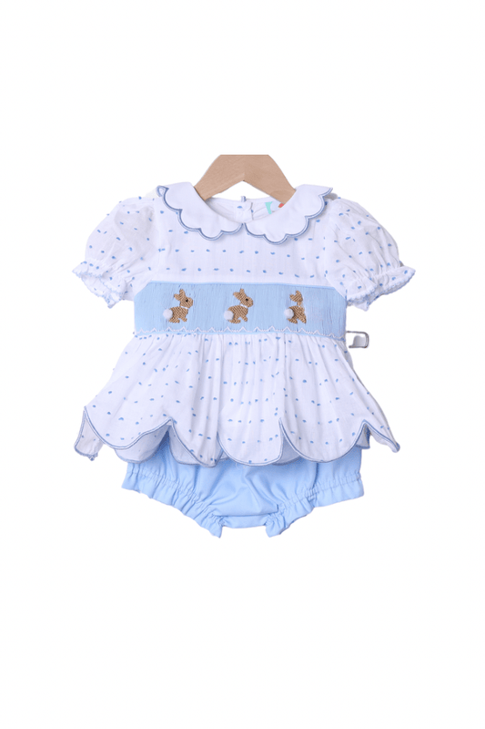 The Smocked Flamingo Apparel & Accessories Smocked Swiss Dot Blue Bunny Bloomer Set