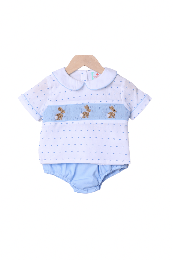 The Smocked Flamingo Apparel & Accessories Smocked Swiss Dot Blue Bunny Boy Diaper Set