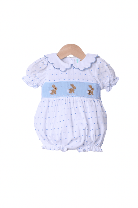 The Smocked Flamingo Apparel & Accessories Smocked Swiss Dot Blue Bunny Bubble