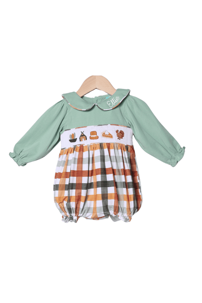 The Smocked Flamingo Apparel & Accessories Smocked Thanksgiving Feast Sage Plaid Bubble