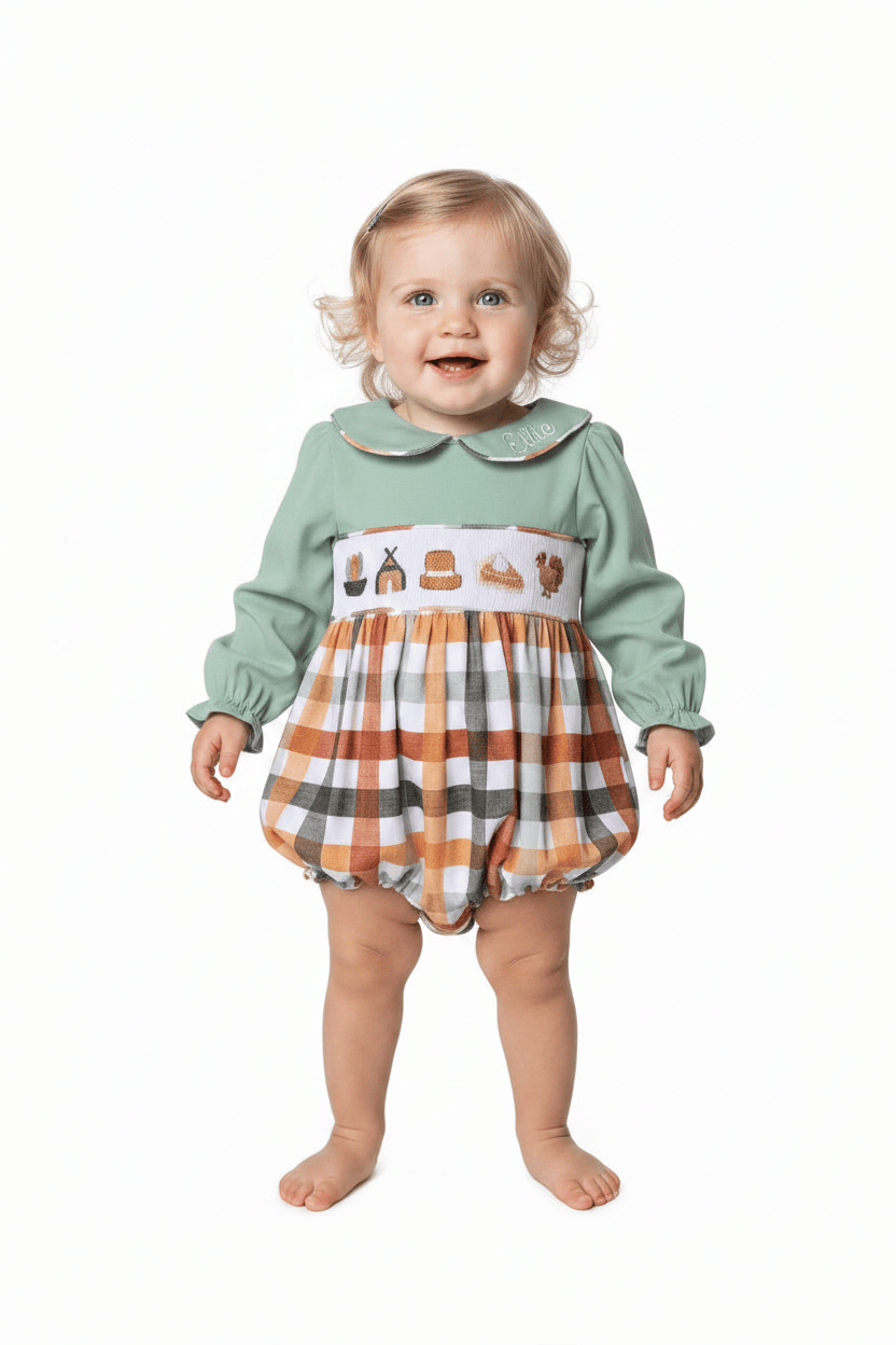 The Smocked Flamingo Apparel & Accessories Smocked Thanksgiving Feast Sage Plaid Bubble